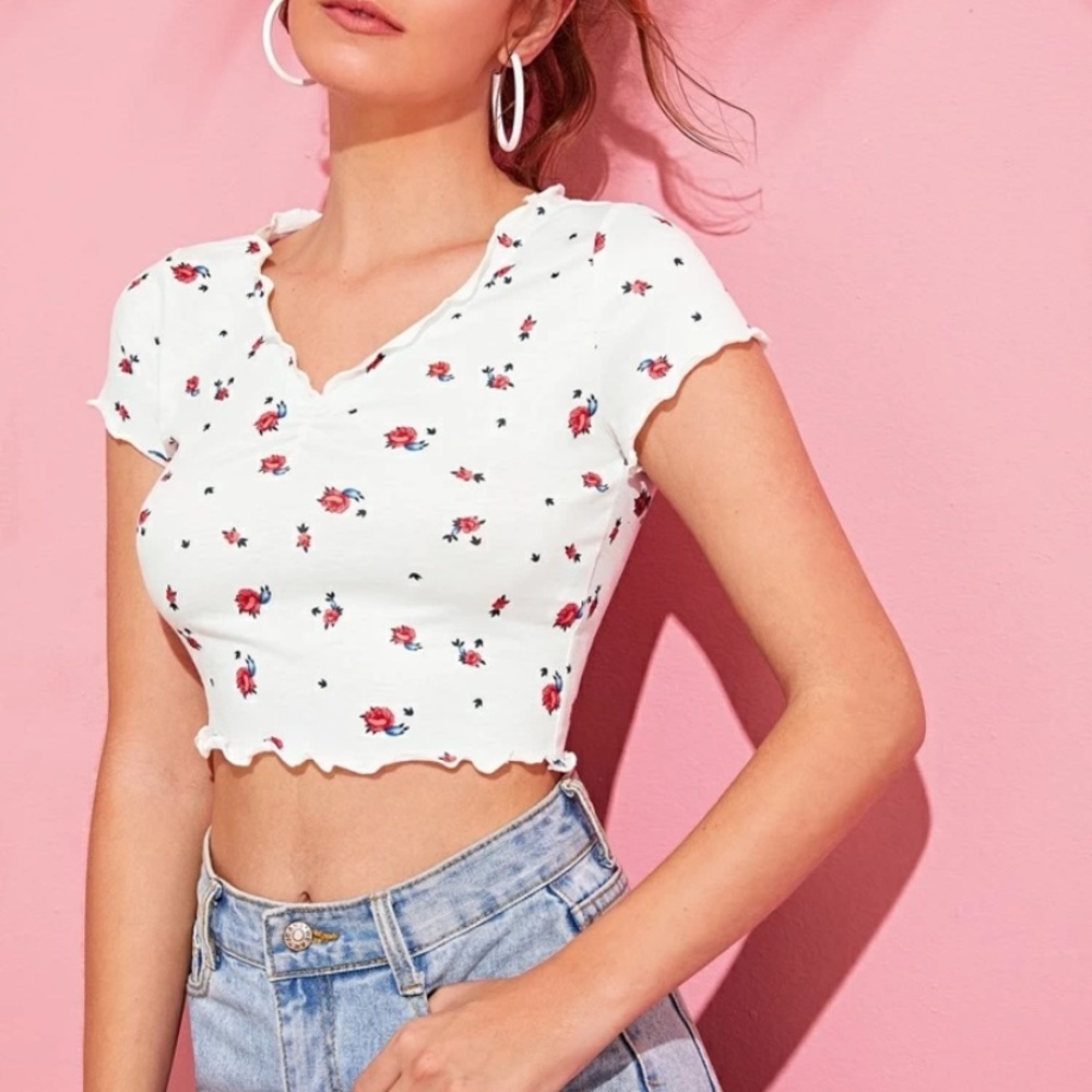 white with floral print fringed crop top